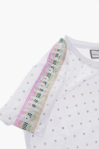 vestito girocollo a manica corta con strass