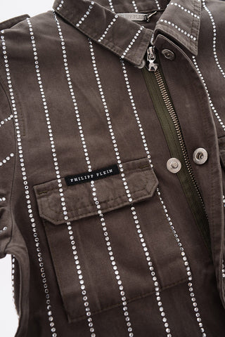 rhinestone embellished parka with hidden closure