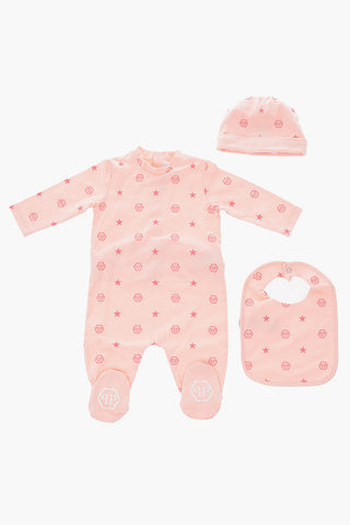 printed romper suit hat and bib set