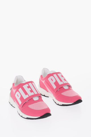 leather and fabric sneakers with touch strap closure