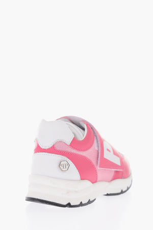 leather and fabric sneakers with touch strap closure