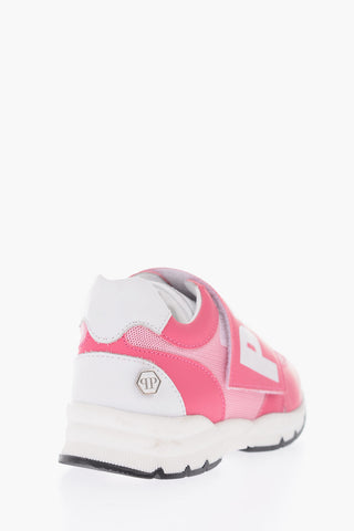 leather and fabric sneakers with touch strap closure
