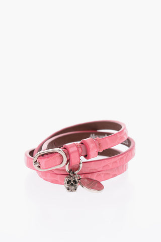 crocodile printed leather multi wrap bracelet with skull charm