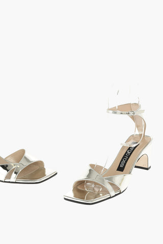 Sandali in Pelle Lamé con Punta Squadrata 6 cm