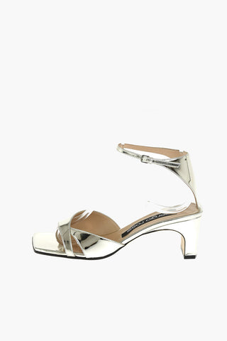 Sandali in Pelle Lamé con Punta Squadrata 6 cm