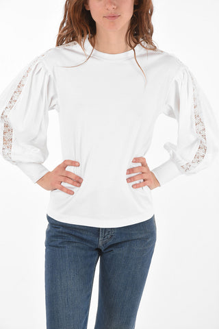 Puffed-sleeve Lace Insert T-Shirt