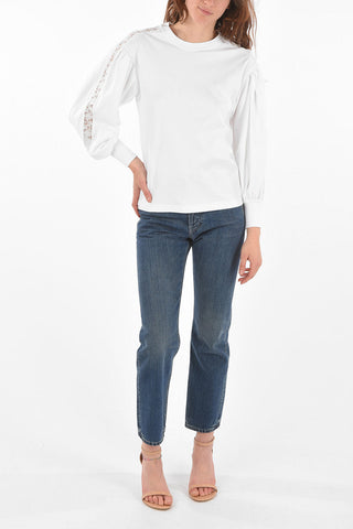 Puffed-sleeve Lace Insert T-Shirt