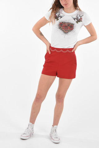 High-waisted Embroidered Shorts with Back Zip
