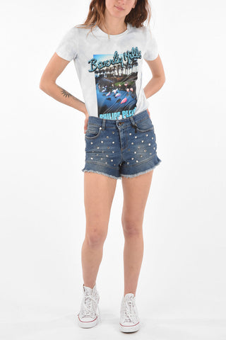 stretch denim shorts with jewels