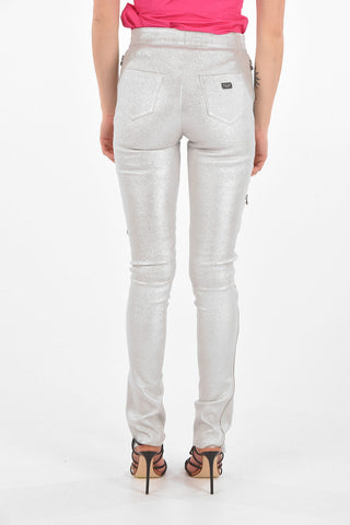 Glittery Leather Pants with Side Zip Fastenings