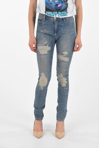 Jeggings a Vita Alta in Denim Distressed con Cristalli Applicati