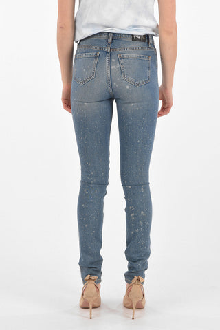 Distressed Denim High Waist Jeggings with Crystals Applied