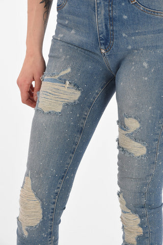 Jeggings a Vita Alta in Denim Distressed con Cristalli Applicati