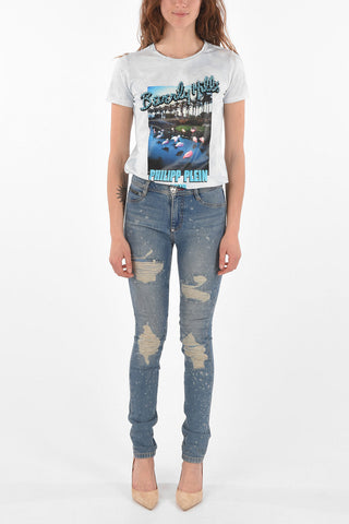 Jeggings a Vita Alta in Denim Distressed con Cristalli Applicati