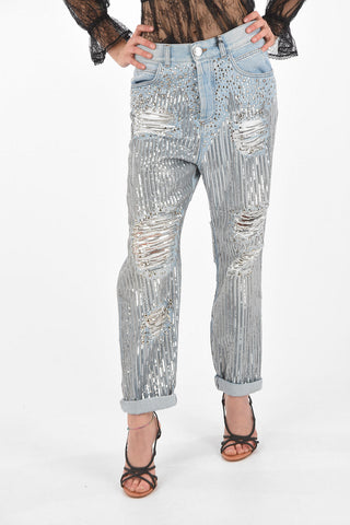 jeans distressed in paillettes con borchie