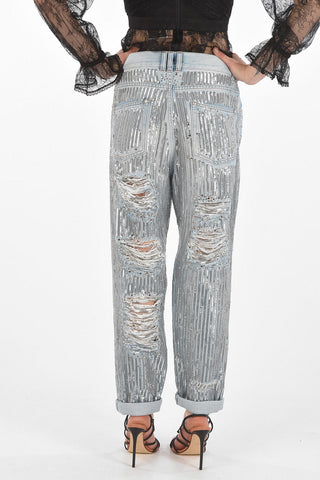 jeans distressed in paillettes con borchie