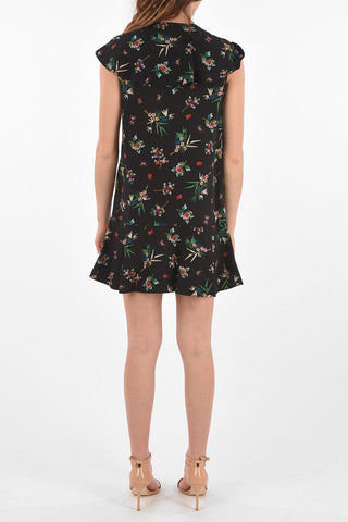 Cape-sleeved Floral Patterned Silk Dress