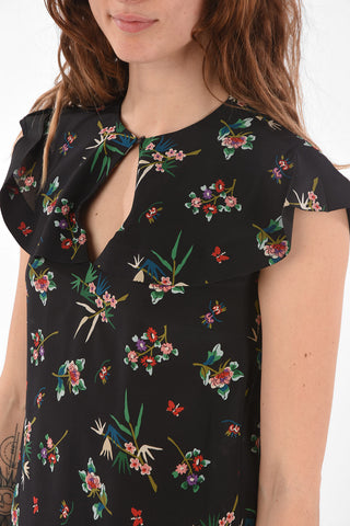 Cape-sleeved Floral Patterned Silk Dress