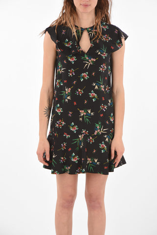 Cape-sleeved Floral Patterned Silk Dress