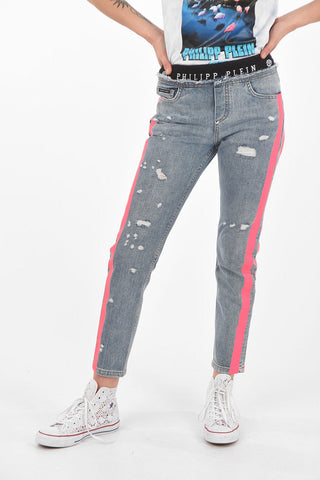 Distressed Jeans with Fluo Details and Elastic Waist Band
