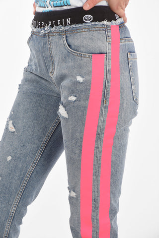 Distressed Jeans with Fluo Details and Elastic Waist Band