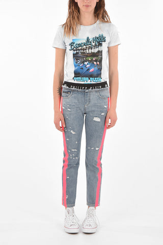 Distressed Jeans with Fluo Details and Elastic Waist Band