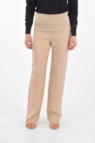 Pantaloni a Vita Alta in Raso con Zip Laterale