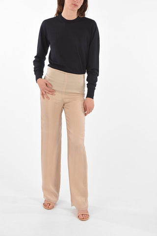 Pantaloni a Vita Alta in Raso con Zip Laterale