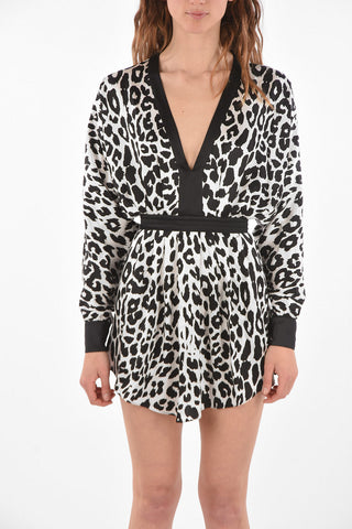 V Neck Animal Patterned Silk Dress