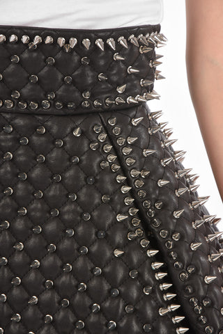 All-Over Studded Quilted Leather Skirt
