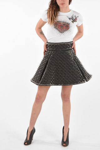 All-Over Studded Quilted Leather Skirt