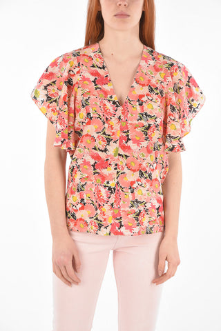 Butterfly-sleeved Floral Patterned Silk Blouse