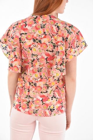 Butterfly-sleeved Floral Patterned Silk Blouse