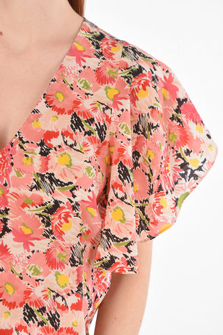 Butterfly-sleeved Floral Patterned Silk Blouse