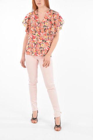 Butterfly-sleeved Floral Patterned Silk Blouse