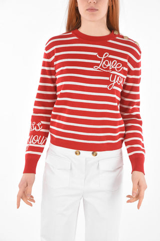 Crew Neck LOVE YOU Striped Sweater with Buttons