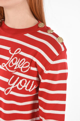 Crew Neck LOVE YOU Striped Sweater with Buttons