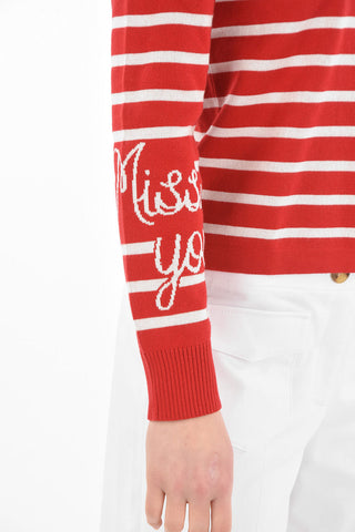 Crew Neck LOVE YOU Striped Sweater with Buttons