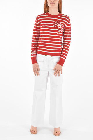 Crew Neck LOVE YOU Striped Sweater with Buttons