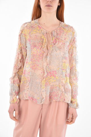 Tie Neck Ruffle Detail Silk Blouse
