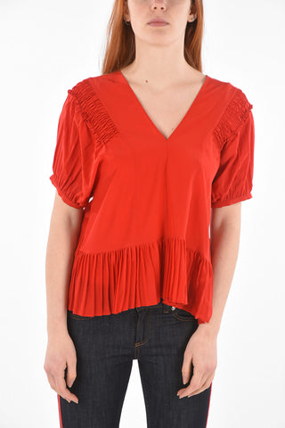 V Neck Short-sleeved Pleated Bottom Top