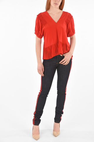 V Neck Short-sleeved Pleated Bottom Top