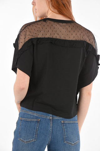 Tulle Insert Crew Neck Cotton Crop Top
