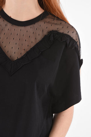 Tulle Insert Crew Neck Cotton Crop Top