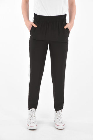 Elastic Waistband Silk Pants with Contrasting Bands