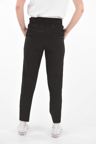 Elastic Waistband Silk Pants with Contrasting Bands
