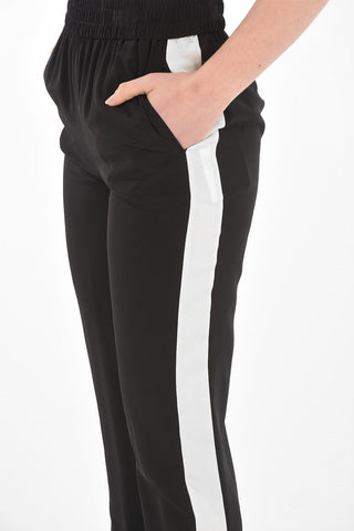 Elastic Waistband Silk Pants with Contrasting Bands
