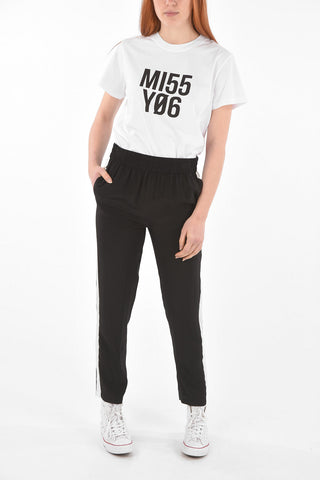 Elastic Waistband Silk Pants with Contrasting Bands
