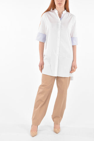 Collarless Oversized Shirt with Short Sleeves