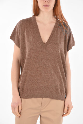 Maglia Senza Maniche in Lino e Cotone con Ricamo Gioiello